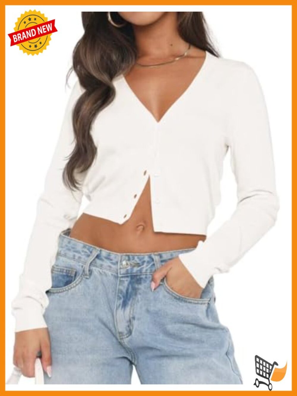 Women's Long Sleeve Cropped V-Neck Cardigan Open Front Knit Sweater Button Down